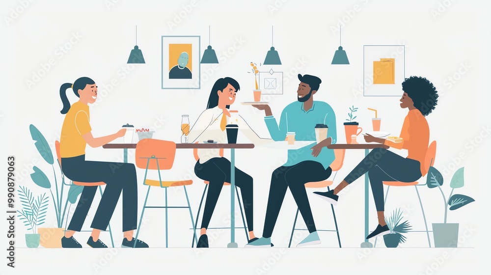 A group of friends chatting and having a meal together at a cafe. A group of friends chatting and having a meal together at a cafe.
