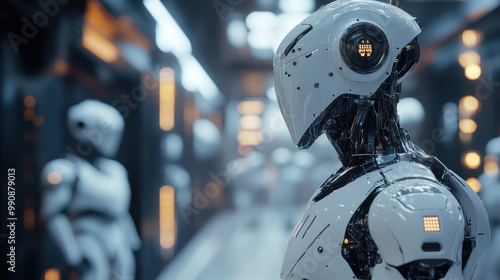 futuristic robot stands in high tech environment, showcasing advanced design and technology. sleek, white exterior contrasts with dark background, creating captivating scene