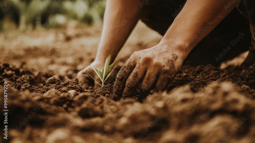 A person plants a young seedling into rich, dark soil, demonstrating the connection between hands and nature in a nurturing environment. A person plants a young seedling into rich, dark soil, demonstrating the connection between hands and nature in a nurturing environment.