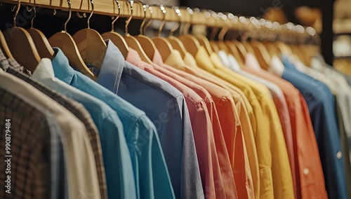 Wallpaper Mural A row of colorful shirts hanging on wooden hangers in a store. Torontodigital.ca