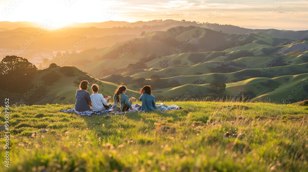 Fototapeta premium Four people enjoying a sunset picnic in rolling hills.