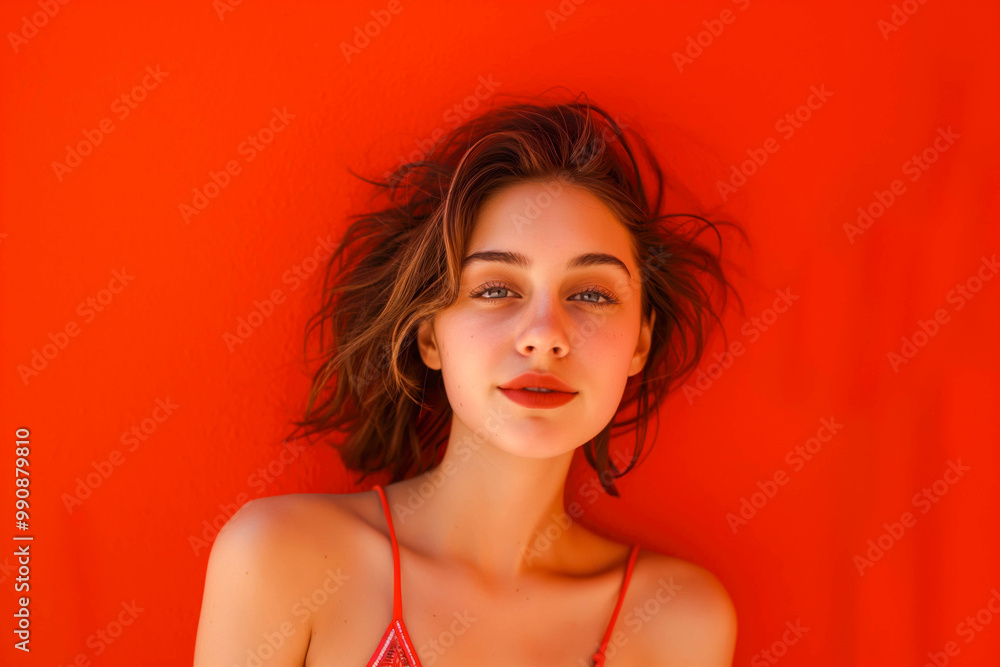 Beautiful young woman in tank swimsuit on red background Beautiful young woman in tank swimsuit on red background