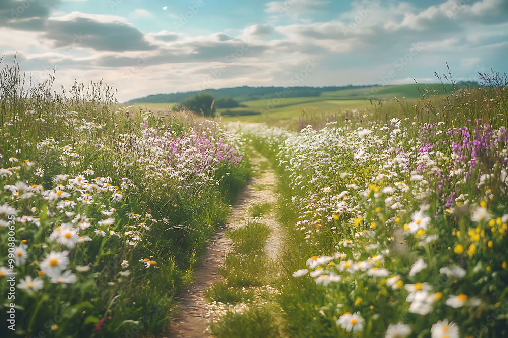 Obraz premium background with a picturesque rural road lined with blooming wildflowers, featuring rolling meadows and a calm, peaceful setting
