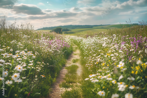 background with a picturesque rural road lined with blooming wildflowers, featuring rolling meadows and a calm, peaceful setting