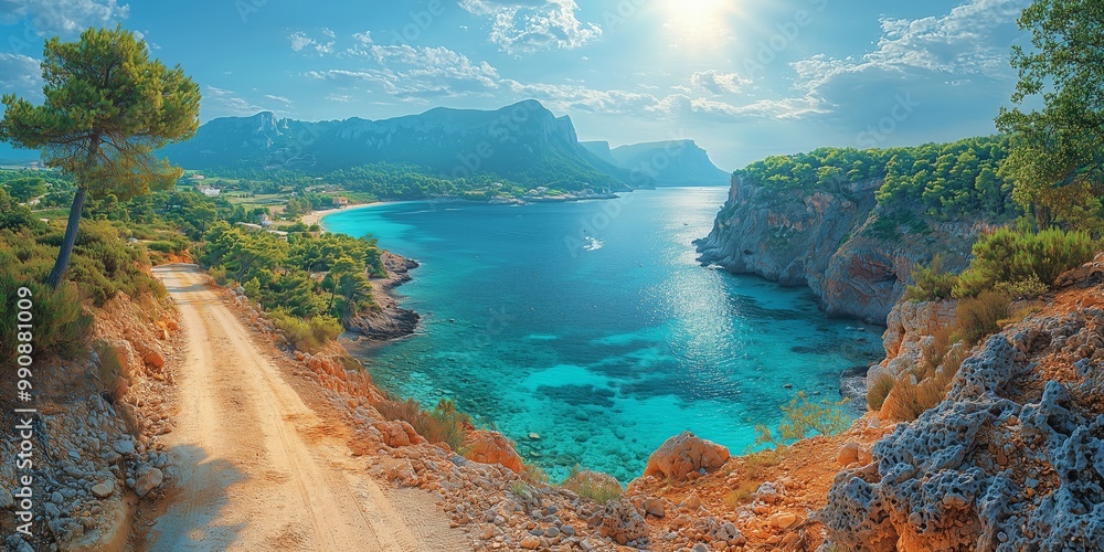 Fototapeta premium Scenic Road Along Cliffside Overlooking Azure Waters