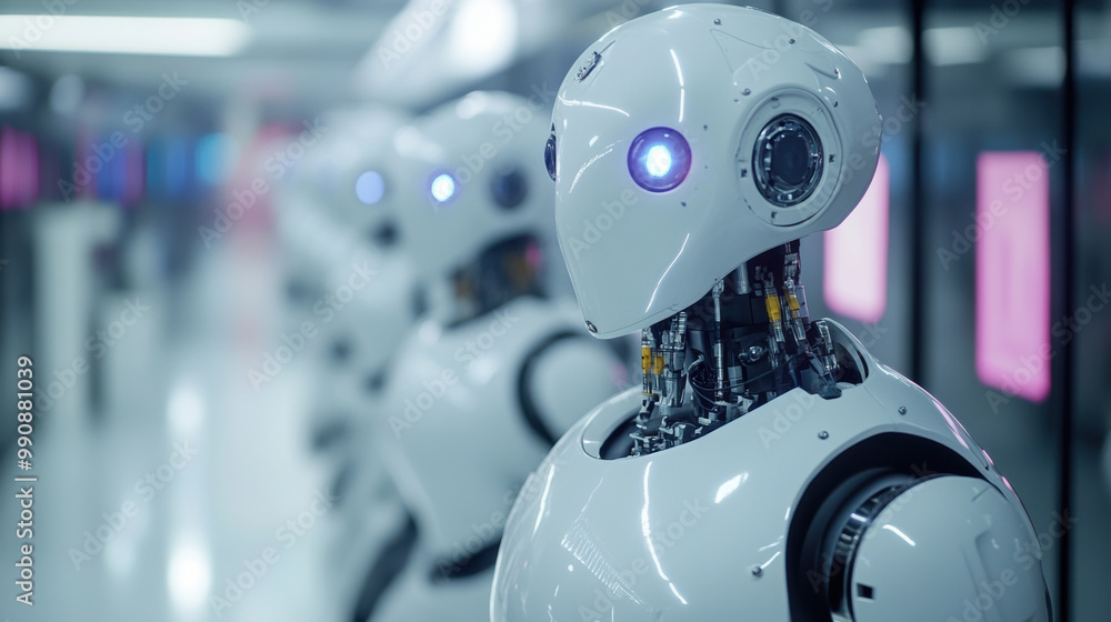 Robots with glowing blue eyes stand in futuristic environment, showcasing advanced technology and design. Their sleek, white bodies reflect commitment to innovation and efficiency Robots with glowing blue eyes stand in futuristic environment, showcasing advanced technology and design. Their sleek, white bodies reflect commitment to innovation and efficiency