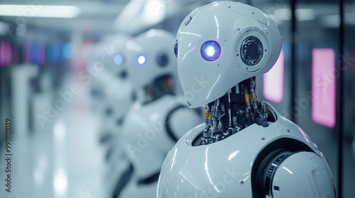 Robots with glowing blue eyes stand in futuristic environment, showcasing advanced technology and design. Their sleek, white bodies reflect commitment to innovation and efficiency