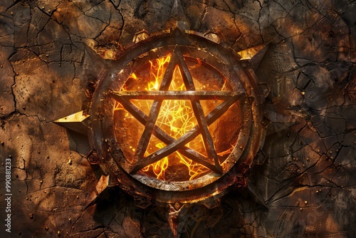 Fiery pentagram is embedded in a stone wall, emanating intense heat and power photo