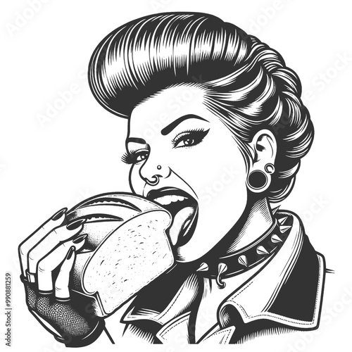 punk woman bites bread, piercings, and a spiked choker, playful energy sketch engraving generative ai fictional character vector illustration. Scratch board imitation. Black and white image.