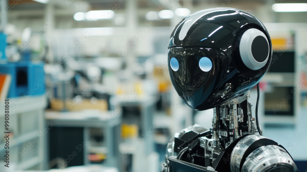 Innovative robot with sleek design and glowing eyes stands in modern workspace, showcasing future of technology and collaboration in industrial settings Innovative robot with sleek design and glowing eyes stands in modern workspace, showcasing future of technology and collaboration in industrial settings