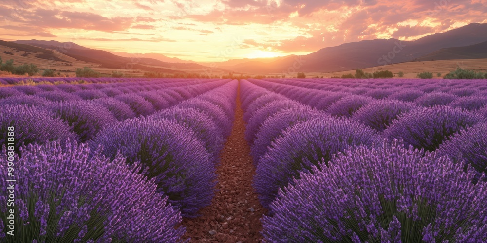 Obraz premium Expansive Lavender Fields Under Sunset Sky