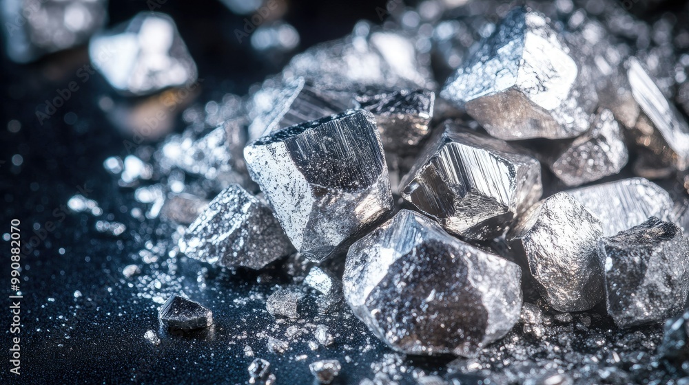Close-up of silver nuggets and raw silver pieces shining against a dark background. Close-up of silver nuggets and raw silver pieces shining against a dark background.