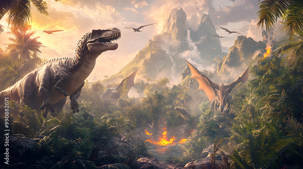Naklejka premium background with a prehistoric jungle, featuring towering ferns, volcanic mountains, and various dinosaurs roaming freely
