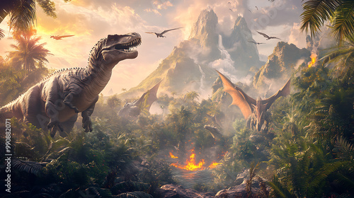 Fototapeta Naklejka Na Ścianę i Meble -  background with a prehistoric jungle, featuring towering ferns, volcanic mountains, and various dinosaurs roaming freely