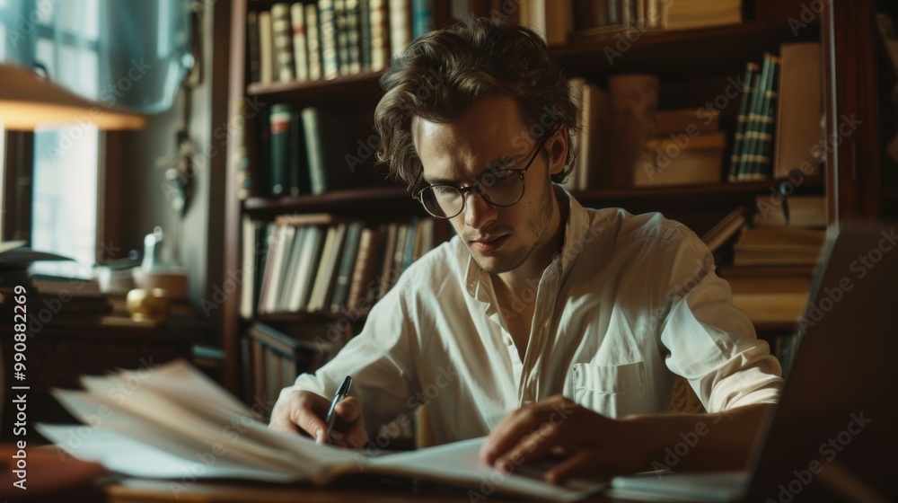 Focused Writer Working on Manuscript in Cozy Library Focused Writer Working on Manuscript in Cozy Library