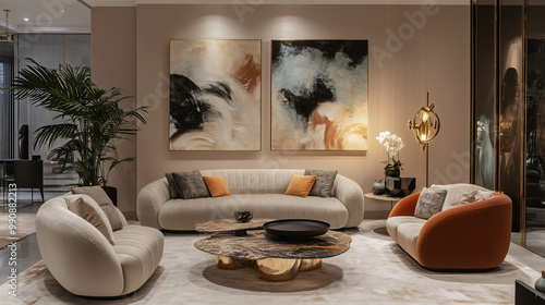 High-end abstract contemporary living room with creative lighting, plush velvet furniture, and large-scale abstract artworks in the background. Artistic yet comfortable interior design