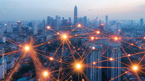 Wallpaper Mural Wide-angle aerial view of a city skyline at night, with glowing connections between buildings and streetlights forming intricate networks representing smart urban infrastructure, featuring digital gol Torontodigital.ca