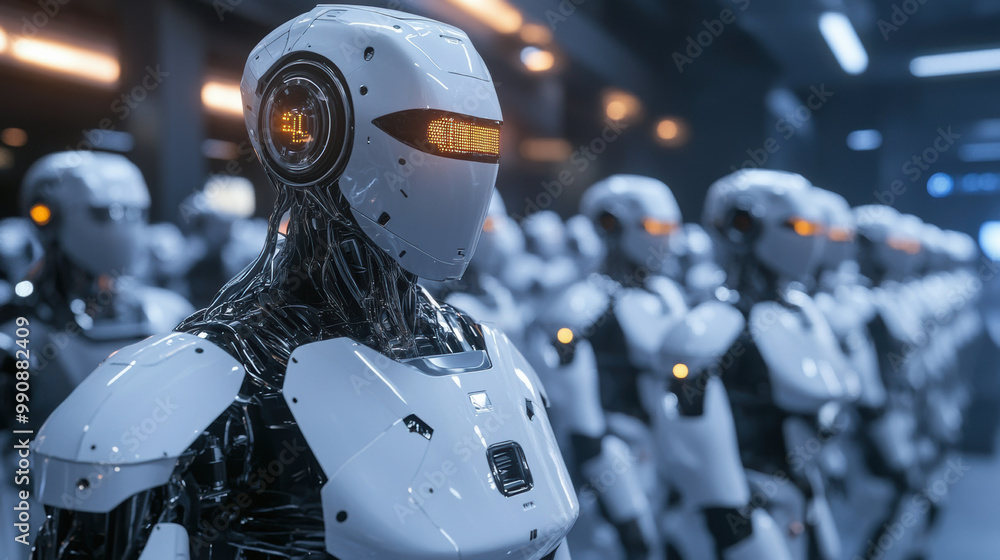 image showcases line of advanced AI robots, highlighting importance of effective teamwork in technology. Their sleek design and glowing features evoke sense of futuristic innovation and image showcases line of advanced AI robots, highlighting importance of effective teamwork in technology. Their sleek design and glowing features evoke sense of futuristic innovation and