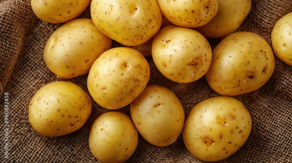 Close-up top-down view of a pile of raw potatoes on a natural, rustic surface Close-up top-down view of a pile of raw potatoes on a natural, rustic surface