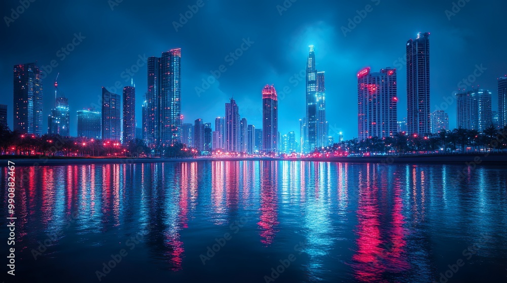 Glowing neon graffiti highlights dark city rooftops in foggy night picture Glowing neon graffiti highlights dark city rooftops in foggy night picture