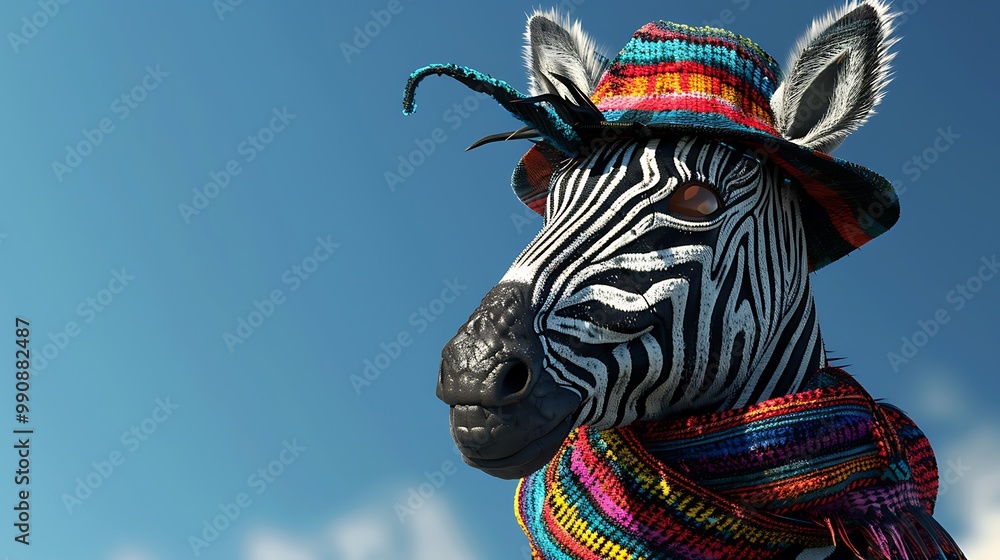 Fototapeta premium A zebra wearing a hat and scarf with vibrant stripes