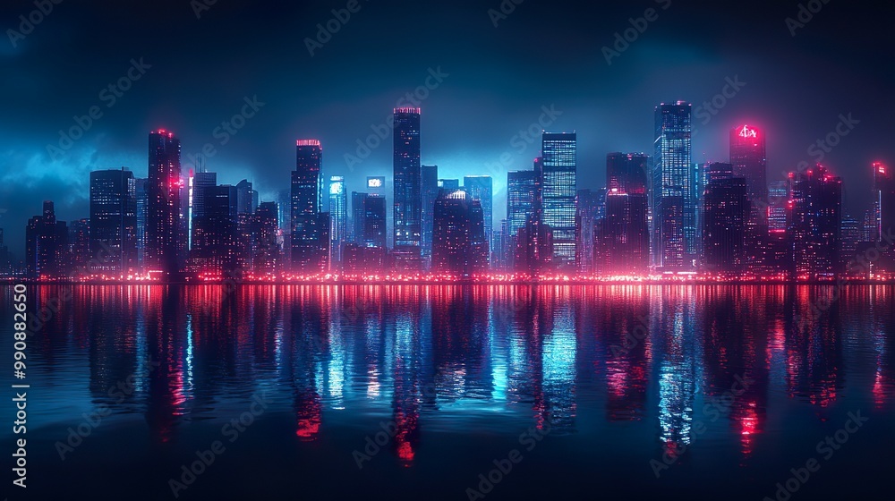 Neon graffiti glowing through foggy night over dark city rooftops picture Neon graffiti glowing through foggy night over dark city rooftops picture