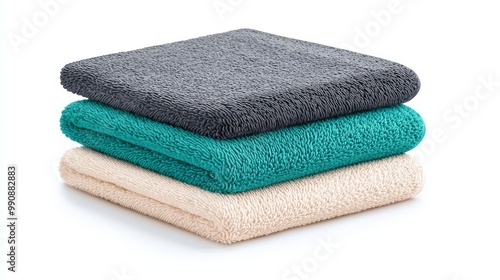 Three soft, textured towels stacked together in gray, teal, and beige. Perfect for bath, kitchen, or spa settings.