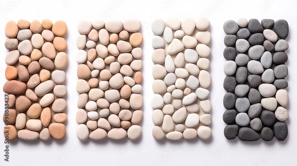 A collection of smooth pebbles arranged in neutral tones, perfect for decorative and landscaping use. A collection of smooth pebbles arranged in neutral tones, perfect for decorative and landscaping use.