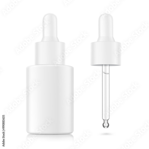 Dropper bottle with pipette mockup. Vector illustration isolated on white background. Front view. Сan be used for cosmetic, medical and other needs. EPS10.