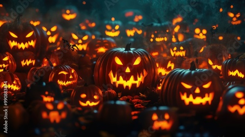 Dark background filled with glowing 3D pumpkins, carved with scary faces, perfect for a spooky Halloween scene.