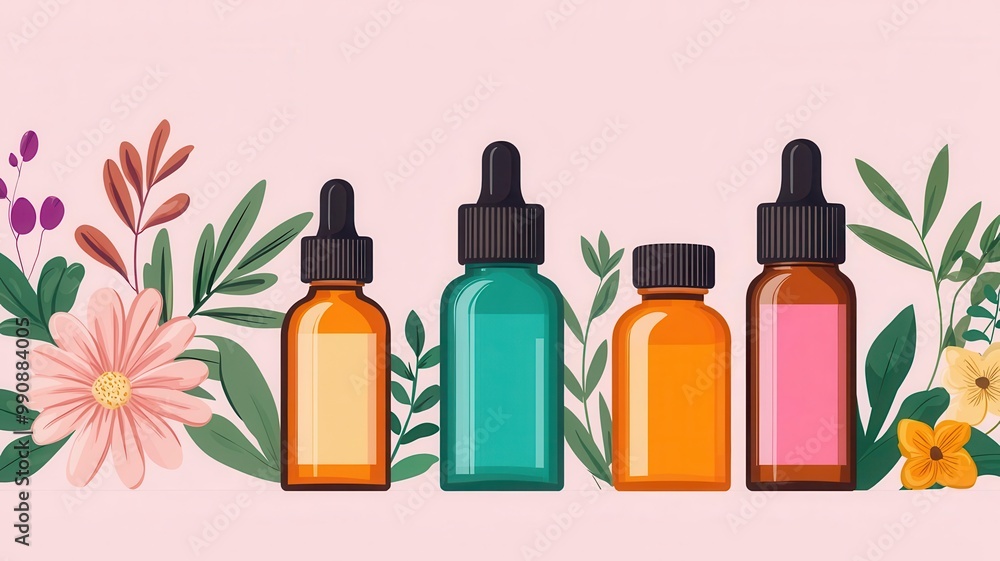 Infographic showing essential oils for different moods, with vibrant illustrations of bottles and flowers indicating blends for energy, calm, and sleep Infographic showing essential oils for different moods, with vibrant illustrations of bottles and flowers indicating blends for energy, calm, and sleep
