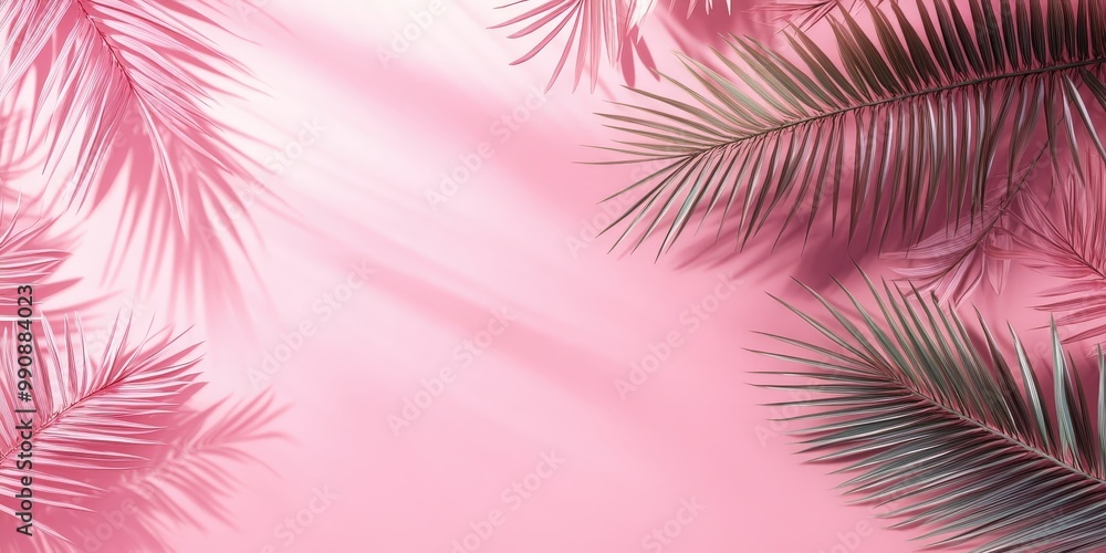 Soft Pink Background with Palm Leaves and Shadows Soft Pink Background with Palm Leaves and Shadows