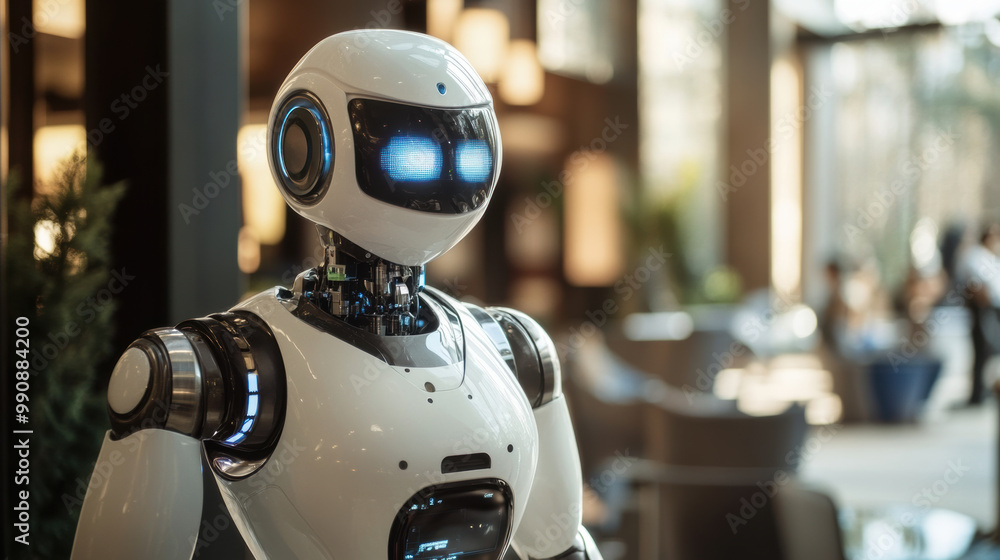 futuristic robot with glowing blue eyes stands in modern lobby, showcasing advanced technology and design. Its sleek, white exterior reflects innovation and sophistication futuristic robot with glowing blue eyes stands in modern lobby, showcasing advanced technology and design. Its sleek, white exterior reflects innovation and sophistication