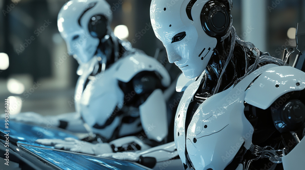 Fototapeta premium Robots working on advanced technology in futuristic environment, showcasing sleek designs and intricate details. Their focus and precision highlight evolution of artificial intelligence