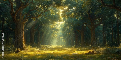 Serene Old Forest with Towering Trees and Sunlight