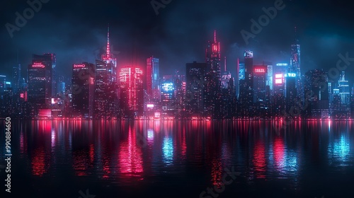 Dark rooftops glowing neon graffiti under a misty foggy night picture