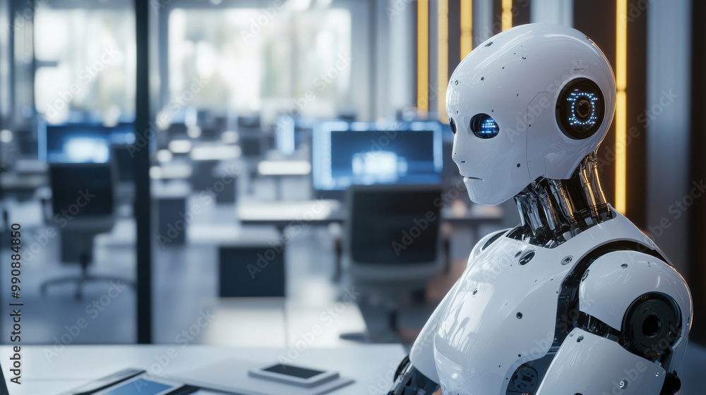 futuristic robot sits in modern office environment, showcasing advanced technology and AI capabilities. sleek design and glowing features highlight its role in data analysis futuristic robot sits in modern office environment, showcasing advanced technology and AI capabilities. sleek design and glowing features highlight its role in data analysis