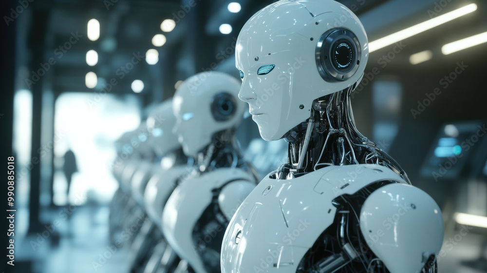 Fototapeta premium Futuristic robots lined up in modern facility, showcasing advanced technology and design. Their sleek appearance and glowing features evoke sense of innovation and progress