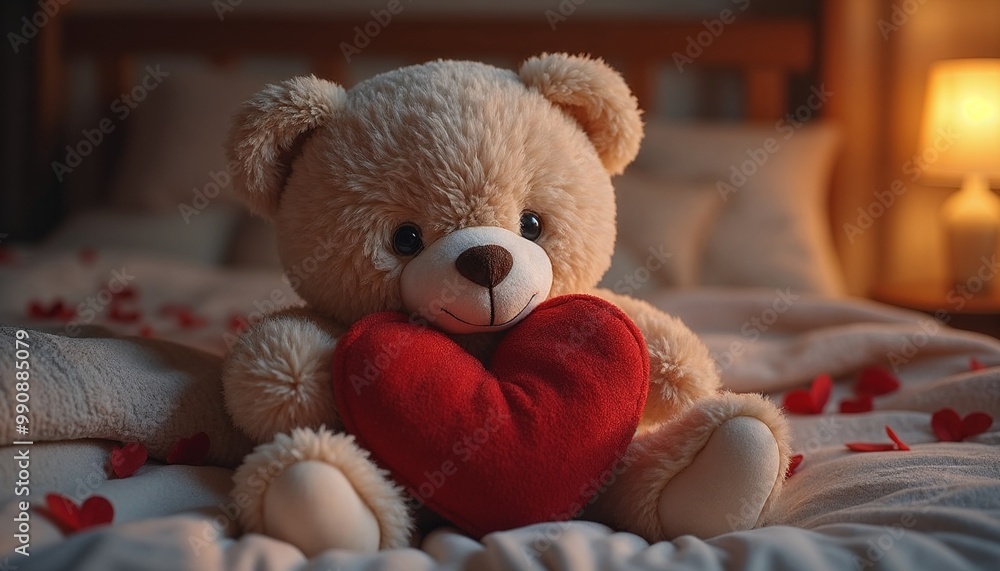 Cute teddy bear holding a red heart on a cozy bed with romantic atmosphere and soft lighting Cute teddy bear holding a red heart on a cozy bed with romantic atmosphere and soft lighting