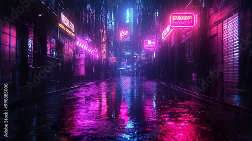 Foggy night over dark rooftops glowing with bright neon graffiti picture