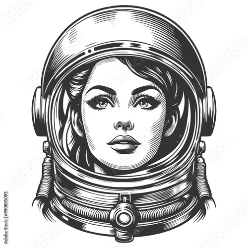 glamorous woman in a retro-style space helmet, vintage aesthetics with a futuristic astronaut theme sketch engraving generative ai vector illustration. Scratch board imitation. Black and white image.