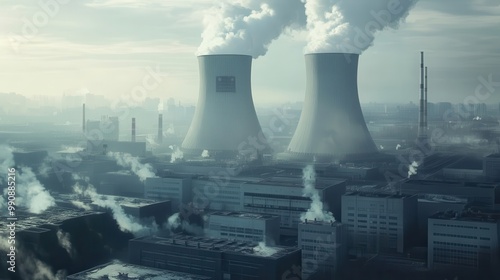 Industrial Power Plant with Cooling Towers Emitting Steam on a Foggy Day in an Urban Landscape photo