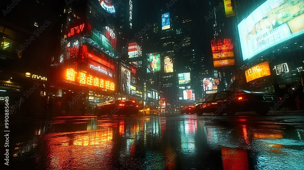 Neon graffiti glowing brightly in foggy night over dark rooftops picture Neon graffiti glowing brightly in foggy night over dark rooftops picture