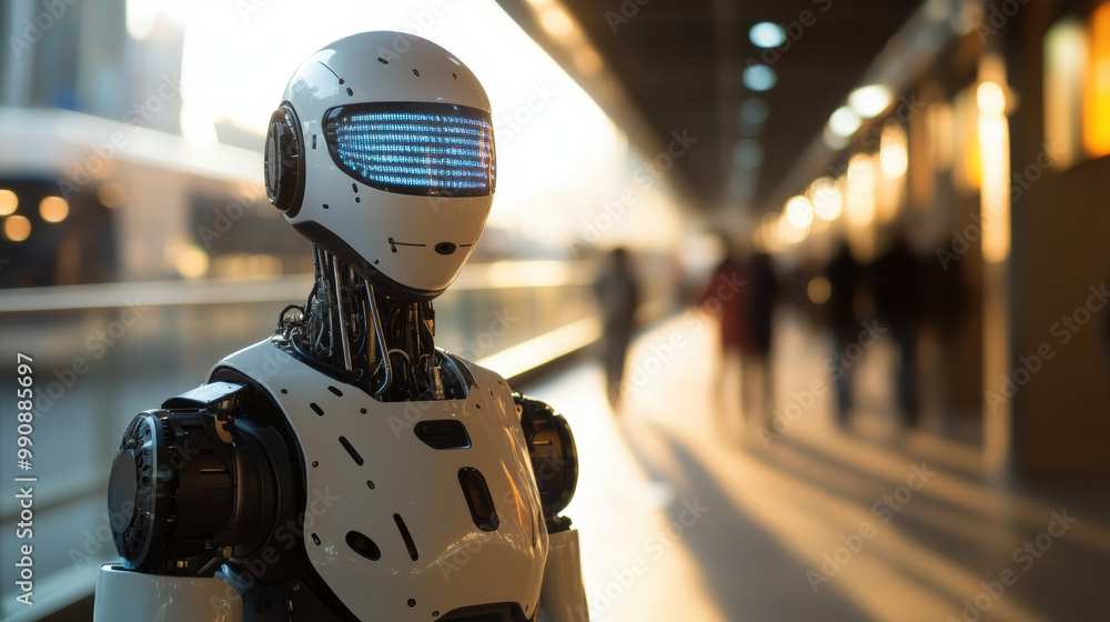 futuristic robot stands in modern urban setting, showcasing advanced technology and design. glowing blue lights on its head add captivating touch to its appearance futuristic robot stands in modern urban setting, showcasing advanced technology and design. glowing blue lights on its head add captivating touch to its appearance