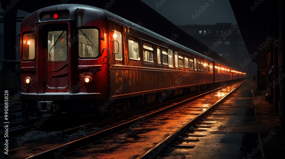 Naklejka premium Commuter train at metro railway station at night. Neural network ai generated art