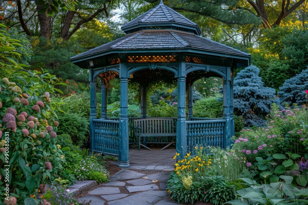 Naklejka premium Victorian blue wooden gazebo standing on a stone patio in a tranquil garden at sunset
