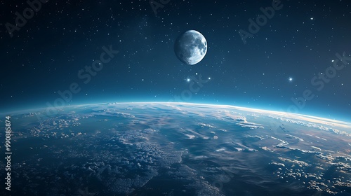 Aerial image of planet at midnight with moonlight in the sky