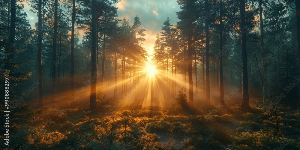 Fototapeta premium Misty Forest at Sunrise with Golden Sun Rays