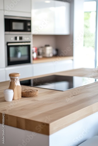 Modern Minimalist Kitchen with Wooden Countertop and Built-in Appliances in Bright Natural Light