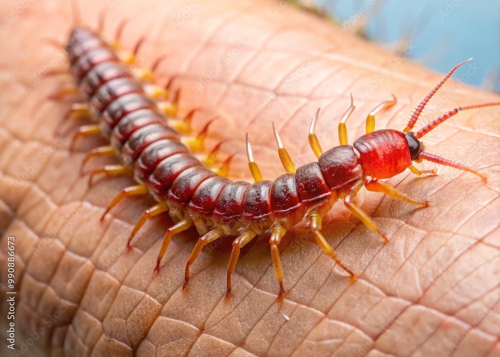 Close-up of a painful centipede bite on human skin, showing redness, swelling, and blistering Close-up of a painful centipede bite on human skin, showing redness, swelling, and blistering